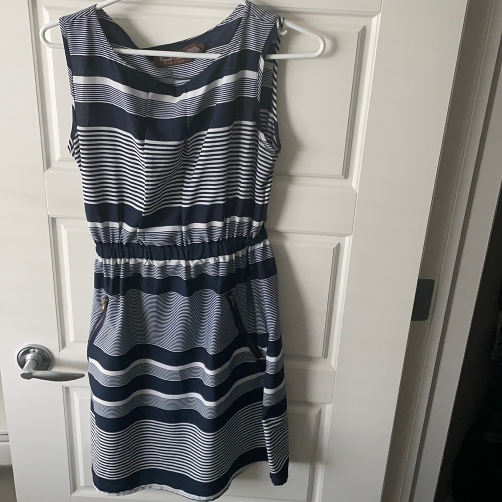 Navy and white striped dress with zipper pockets